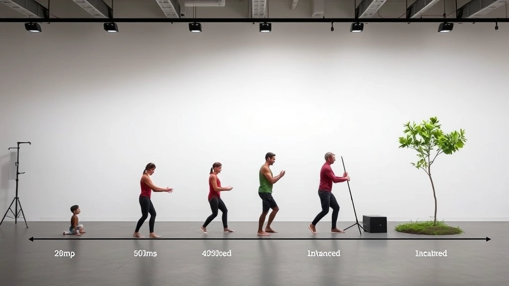 Growth visualization through progressive stages—person at different points of skill development, showing improvement through body language and environment complexity, from beginner setup to advanced practice space, natural transitions between stages