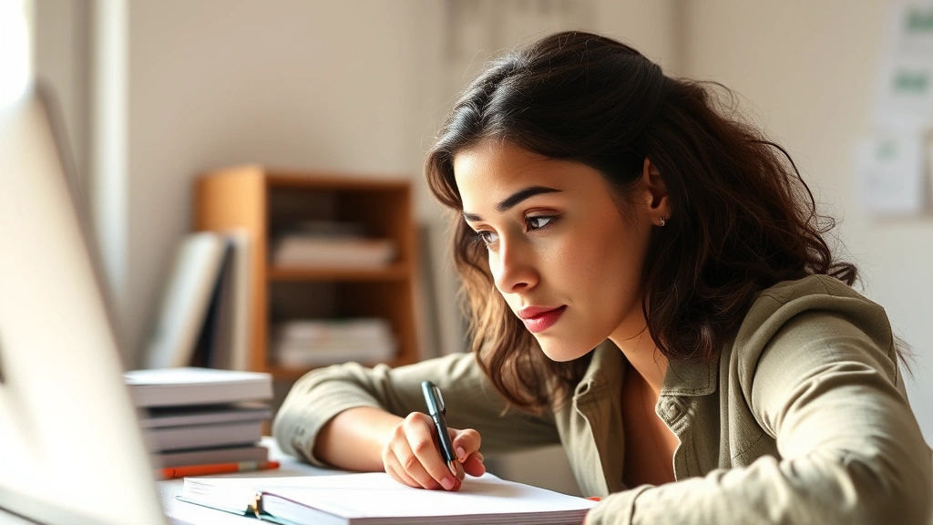 A person focused at a desk with learning materials, natural daylight, engaged expression, notebook and pen visible, minimalist workspace, warm professional atmosphere