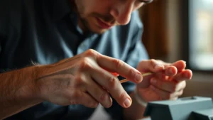Close-up of someone deeply focused during practice, hands actively engaged with their skill work, natural lighting, professional environment, showing concentration and effort