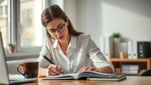 Professional woman focused intently at desk with notebook and coffee, deep concentration, natural office lighting, warm tones, learning moment