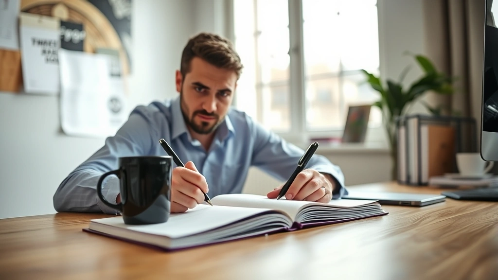 Person writing in notebook at desk with coffee, focused and determined expression, natural lighting from window, professional workspace