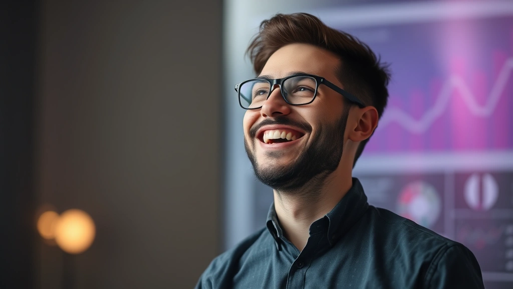 Person in moment of breakthrough or success, smiling with visible progress charts or achievements in soft background blur