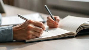 Close-up of hands writing detailed notes during a focused learning session, with an open notebook showing practice observations, neutral workspace, natural daylight, professional development atmosphere