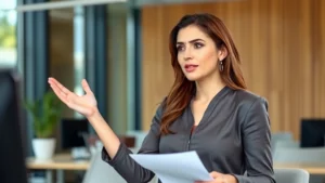 Professional woman in modern office practicing presentation skills, focused expression, natural lighting, engaged body language