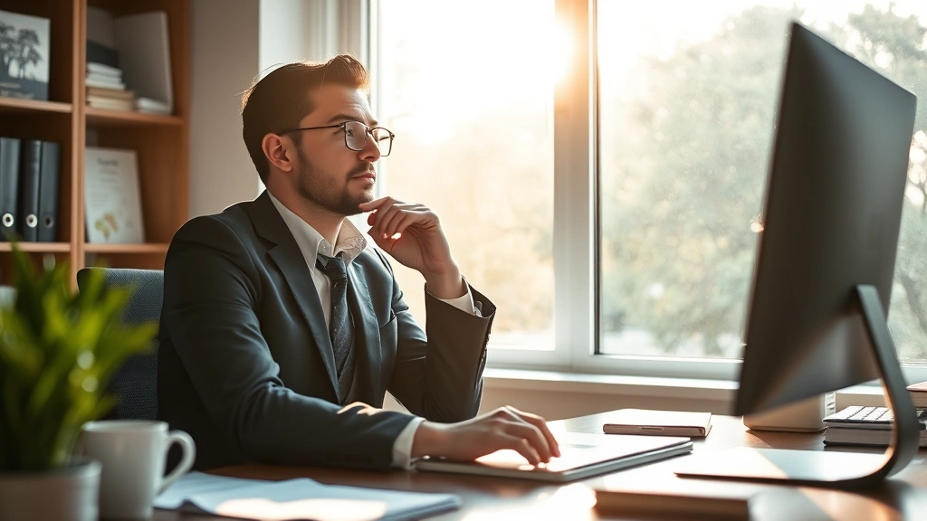 Person at desk looking thoughtful, morning light through window, coffee cup nearby, contemplative professional moment of reflection