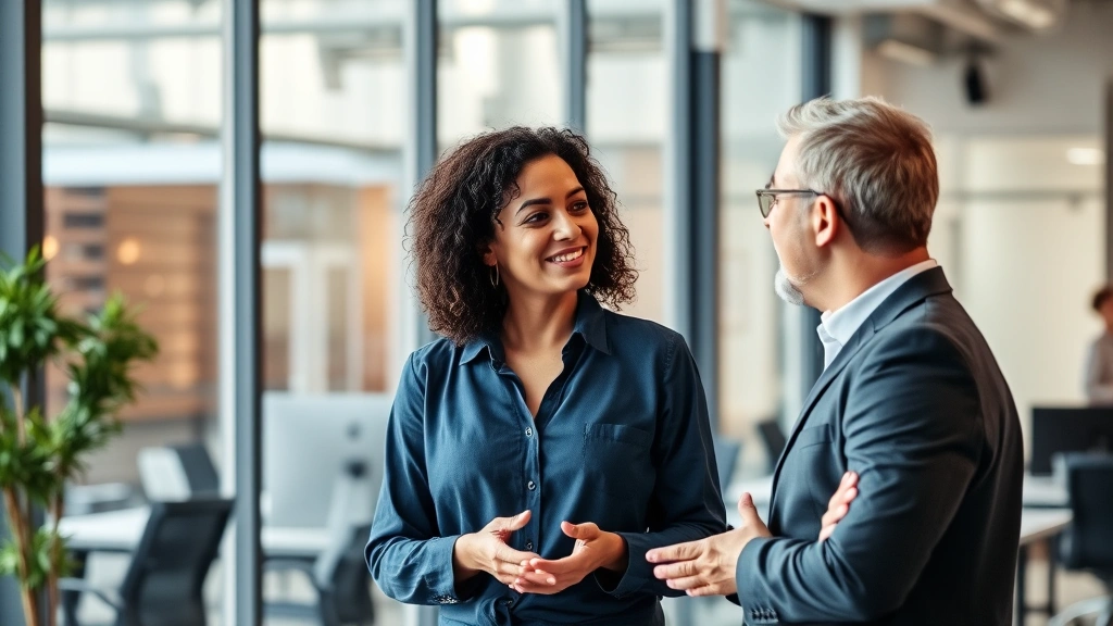 Two colleagues having supportive conversation in modern office, genuine connection, one person listening intently with open body language