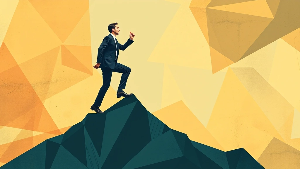 Professional climbing upward on abstract geometric path, determined expression, growth trajectory, overcoming obstacles visual metaphor