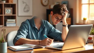 Person concentrating at desk with notebook and laptop, warm natural lighting, focused learning expression, peaceful workspace environment