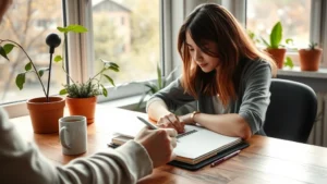 Person focused at desk with notebook and coffee, morning light through window, natural learning environment with plants