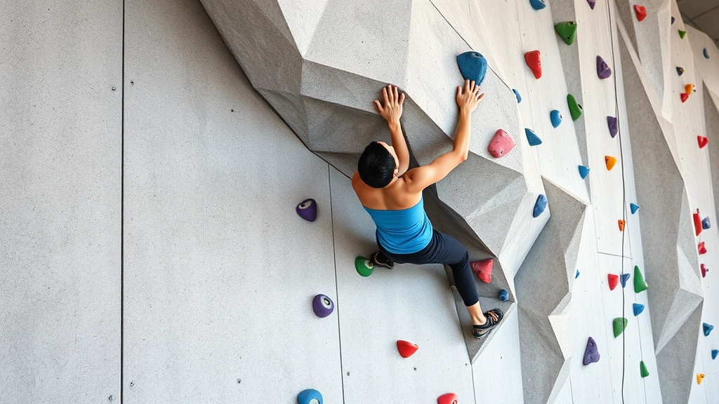 Individual rock climbing on indoor wall, reaching for next hold with determination, metaphor for progressive skill challenge
