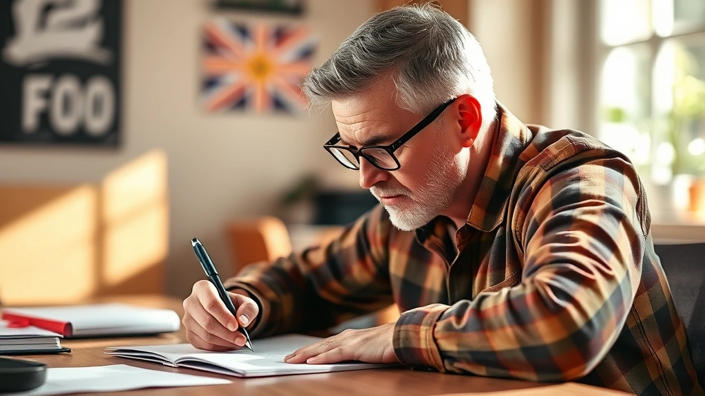 Adult focused intently on a skill-building task at a desk, pen in hand, notepad visible, natural lighting, warm and encouraging atmosphere, showing concentration and determination