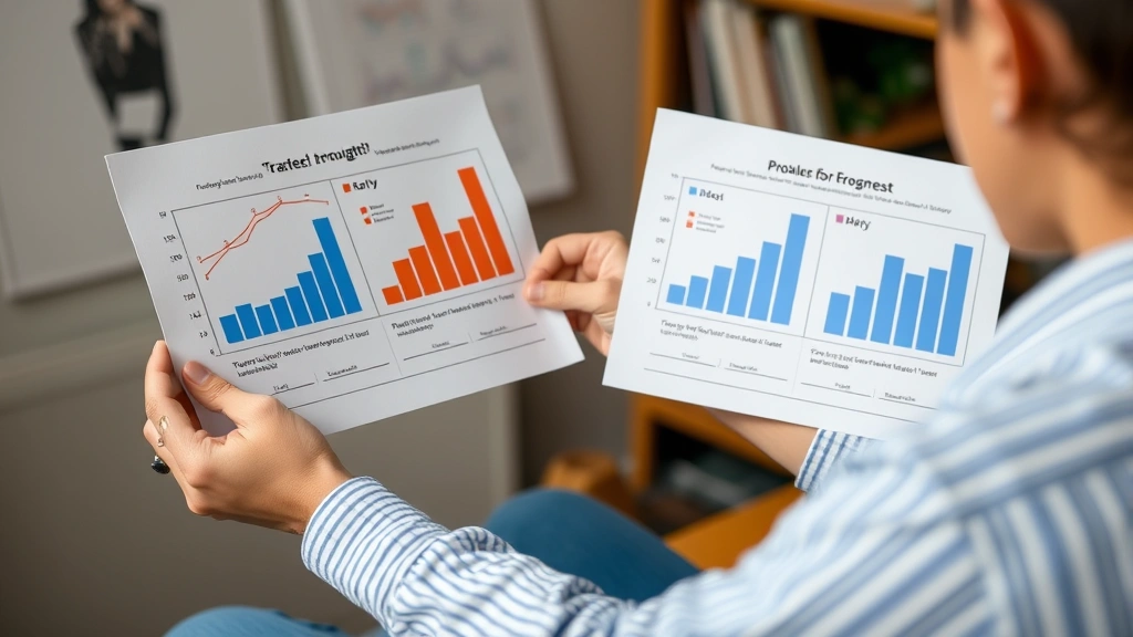 Person reviewing progress charts or examples of their work improvement over time, comparing early attempts to recent work, showing visible growth and satisfaction