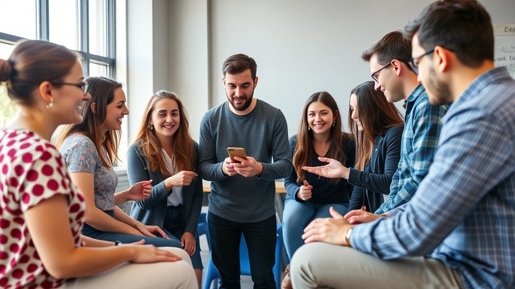 Diverse group in a casual learning environment collaborating and giving feedback to each other, practicing a skill together, supportive and engaged atmosphere, natural light