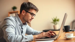 Person focused intently on laptop, hands on keyboard, warm office lighting, coffee nearby, expression of concentration and determination, growth visible in posture