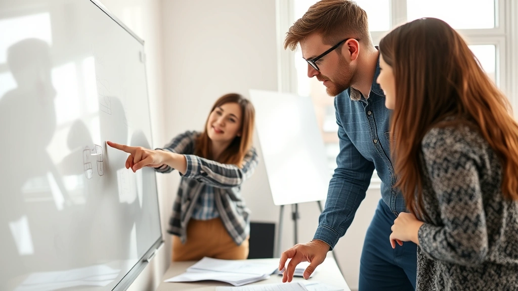 Mentor and learner in discussion, pointing at whiteboard with sketches, natural window light, genuine engagement, both leaning forward, papers and notes scattered, collaborative energy