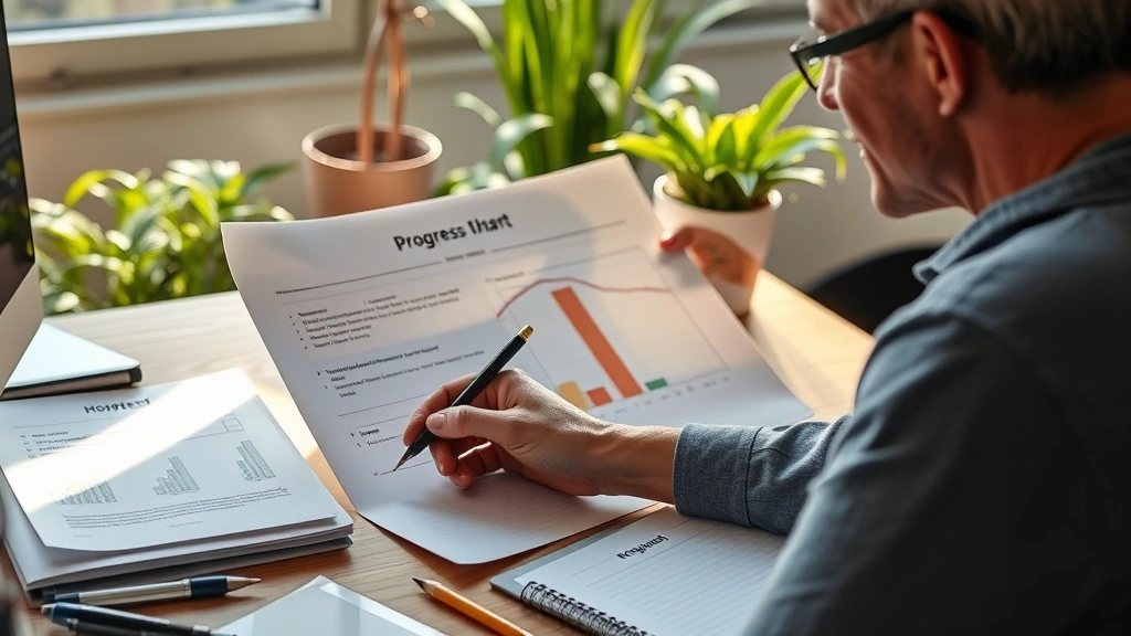 Person reviewing progress chart on desk, multiple notebooks open, pen in hand, satisfied expression, morning light, plants in background, visual representation of improvement and tracking