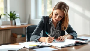 Professional woman reviewing her handwritten notes at a desk with focused concentration, natural lighting from window, growth mindset visible in posture and expression