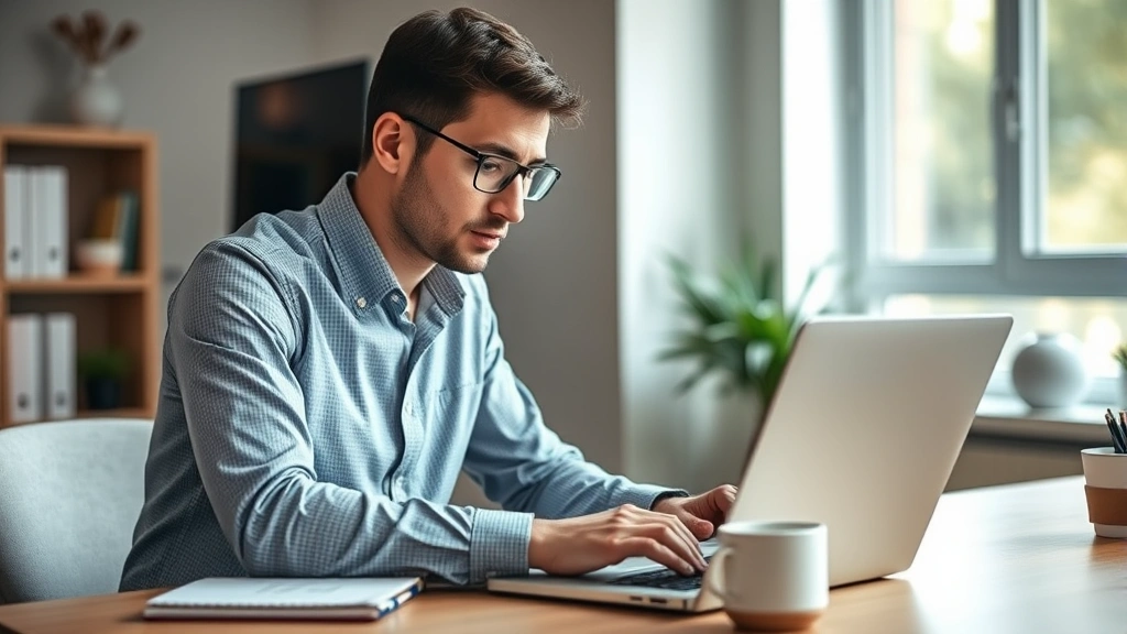 Professional adult focused intently on laptop in modern bright workspace, notebook and coffee nearby, natural light through window, engaged expression
