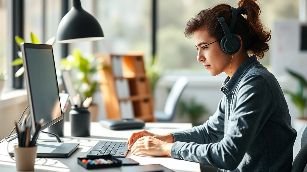 Person focused and practicing a skill at a desk with natural lighting, showing concentration and growth mindset in a modern workspace
