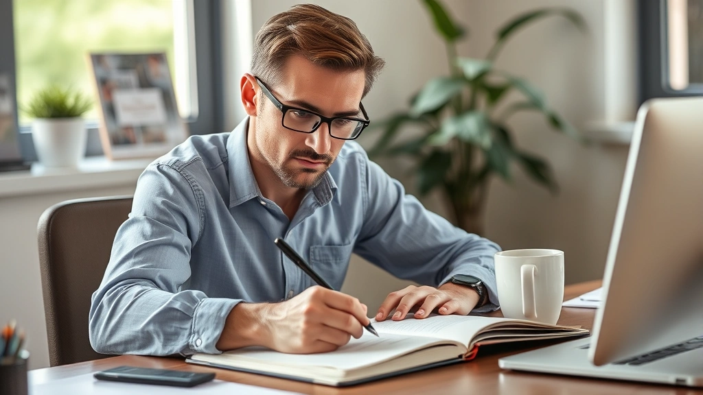 Person writing in notebook at desk with coffee, focused and determined expression, natural lighting from window, professional workspace