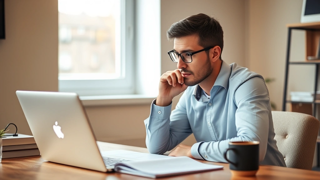 Person focused at desk with laptop, warm lighting, coffee cup nearby, thoughtful expression, professional casual setting, natural window light, notebook open
