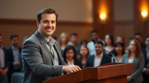 Professional person standing confidently at podium with engaged audience members visible in background, warm lighting, genuine confident expression, business casual attire