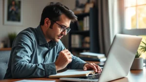 Person intensely focused at desk with notebook and laptop, determined expression, natural lighting from window, professional home office setting