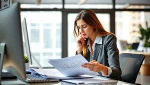 Professional woman in modern office thoughtfully examining documents and data on desk, natural lighting, focused expression, growth mindset