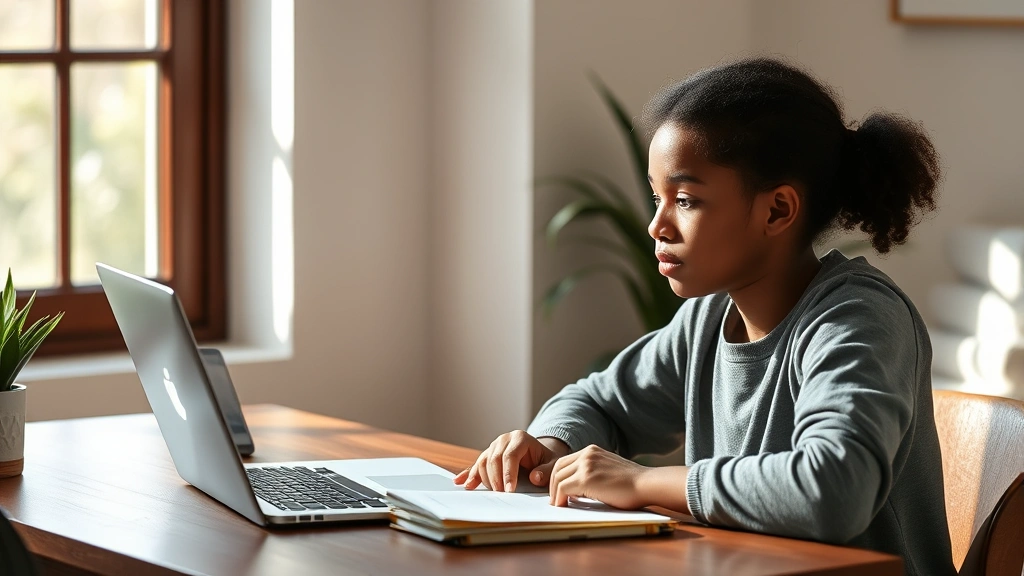Person focused at desk learning with laptop and notebook, natural lighting, thoughtful expression, growth mindset