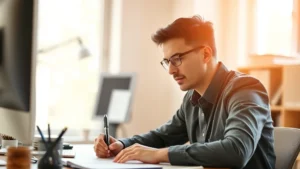 Professional adult in focused concentration, working at desk with notes and learning materials, natural morning light, determined expression, growth mindset visualization