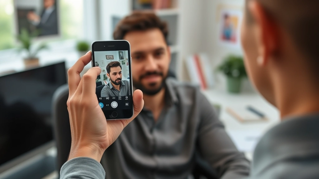 Person recording themselves speaking on smartphone to get immediate feedback, sitting in home office setup, authentic learning moment captured