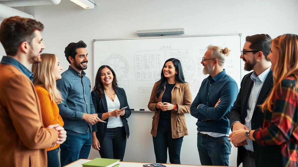 Diverse group of professionals in collaborative learning space, smiling while discussing, whiteboard with sketches visible, energetic but focused atmosphere, modern workspace