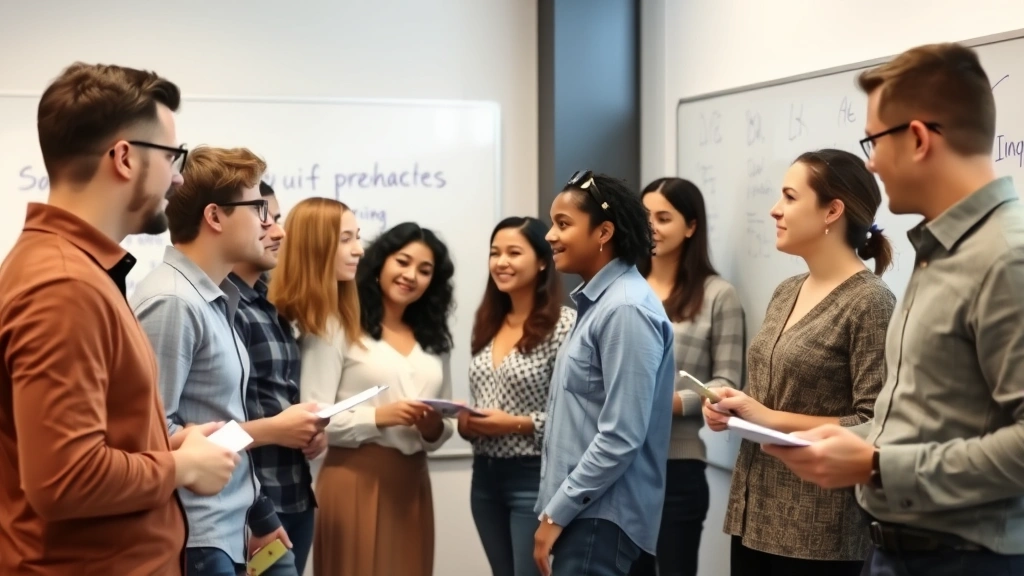 Diverse group of people in collaborative learning environment, some writing on whiteboard, others taking notes, engaged and supportive atmosphere