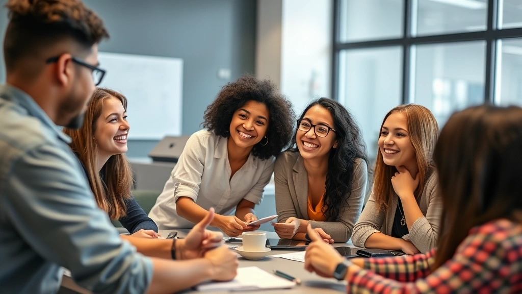 Diverse group of learners collaborating and giving each other feedback in a workshop setting, smiling and engaged