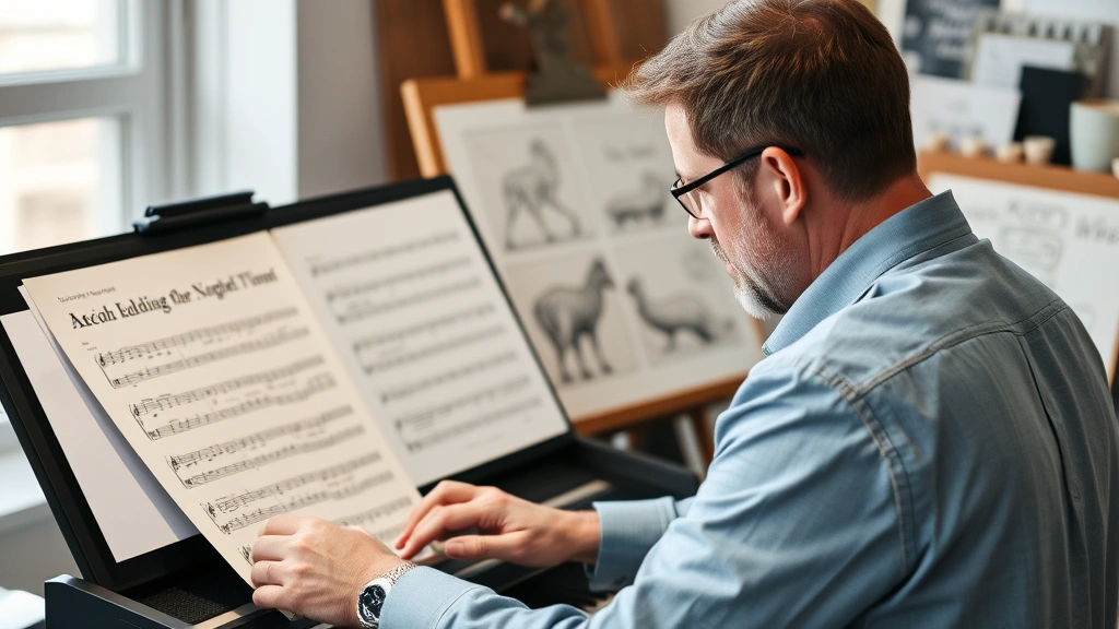 Adult practicing a skill with visible progress markers—musician with sheet music, artist with sketches showing improvement, or similar learning journey visualization