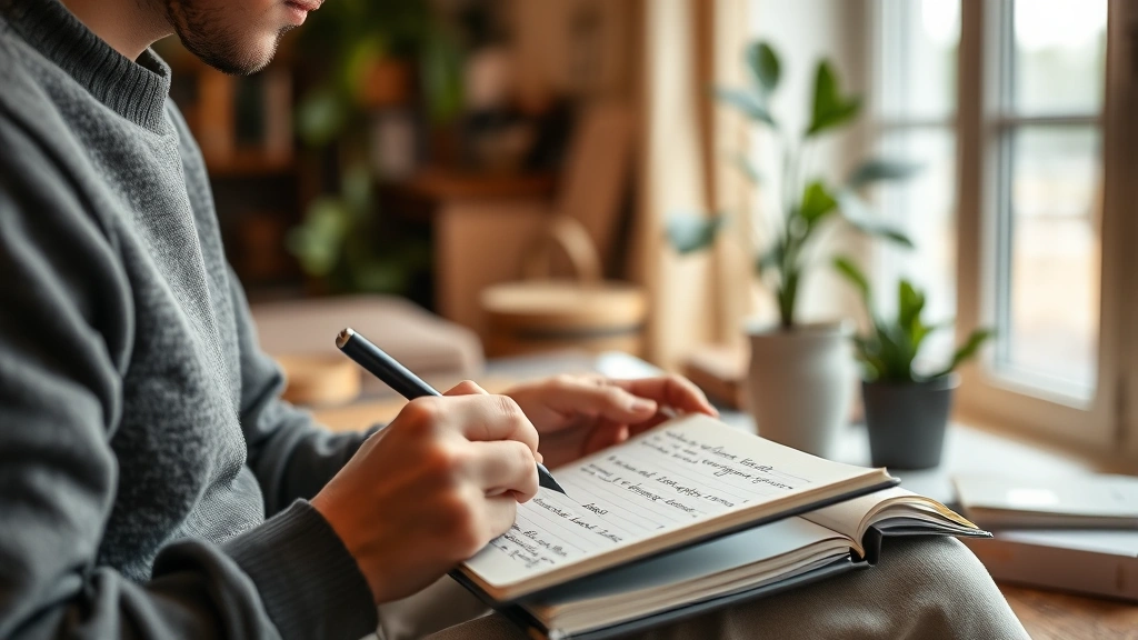 Person reviewing notes and reflecting on progress, notebook with written goals visible, warm indoor setting with growth-oriented materials around them