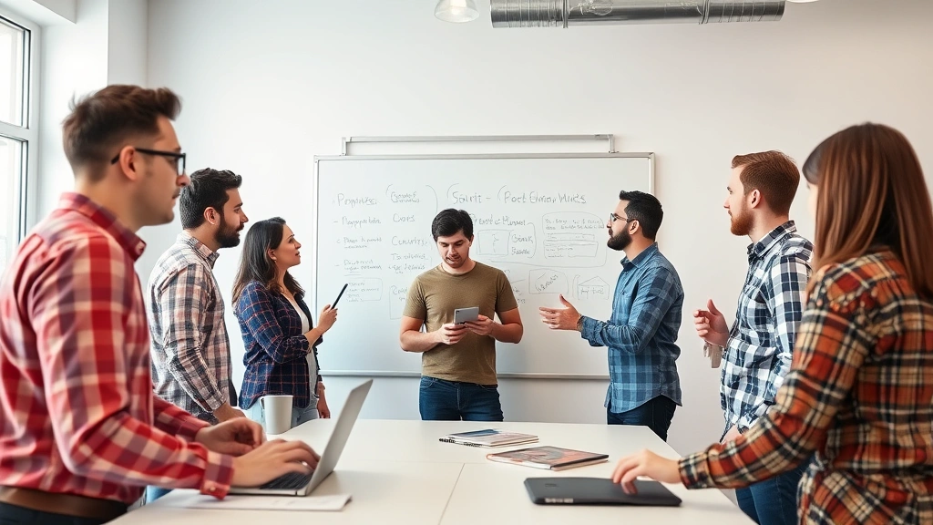 Diverse team collaborating around whiteboard in bright workspace, engaged in discussion, sharing ideas, problem-solving together