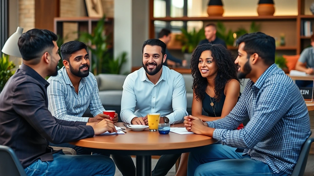 Diverse group of professionals in casual setting discussing feedback and improvement, collaborative learning environment, genuine engagement and active listening