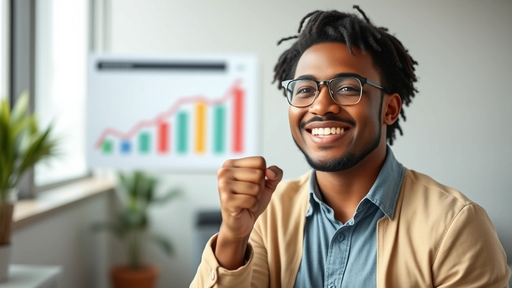 Diverse individual celebrating small milestone with fist pump, progress chart visible in soft focus background, genuine joy, professional casual setting, natural daylight