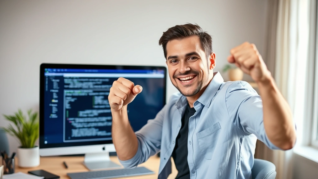 Person celebrating with fist pump in front of laptop screen, successful achievement moment, genuine happiness, modern home office background