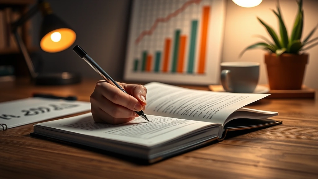 Close-up of hands writing progress notes in journal, growth chart visible on wall behind, warm desk lamp, coffee, plant in background, moment of reflection and achievement