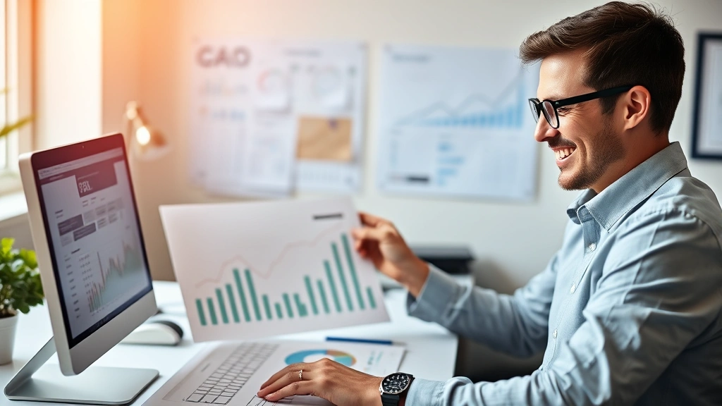 Individual reviewing progress charts and metrics on desk, smiling with satisfaction, graphs showing upward trend, warm office lighting