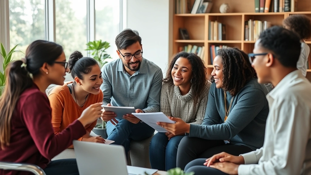 Diverse study group collaborating and giving feedback to each other, supportive environment, learning community