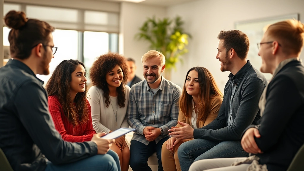 Diverse group in collaborative learning setting, mentoring or peer feedback moment, genuine interaction showing growth and support, natural warm lighting