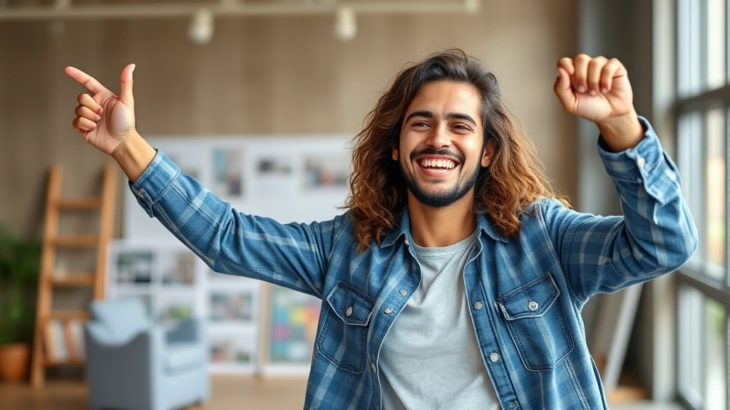 Individual celebrating achievement milestone with genuine joy and confidence, standing proudly with completed project or accomplishment visible in background