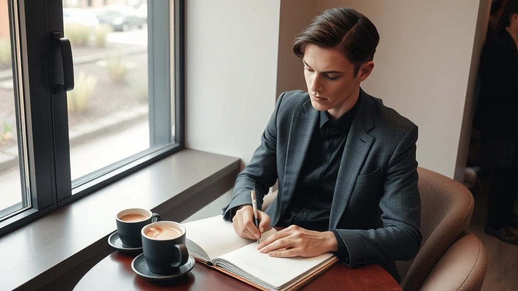 Person journaling or taking notes in quiet space with coffee, reflecting, contemplative mood, professional but relaxed environment