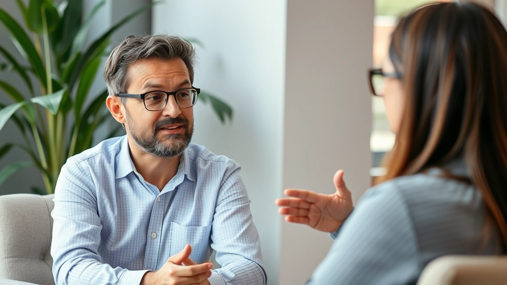 Person receiving constructive feedback in a mentoring session, mentor gesturing while explaining, both engaged and attentive, natural professional setting