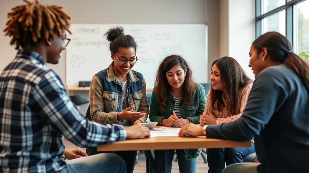 Diverse group collaborating and teaching each other new skills, engaged discussion, supportive environment, measuring progress together