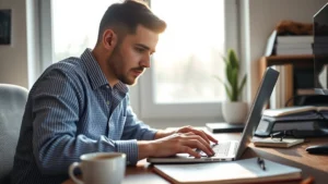 Person at desk focused intently on laptop, hands on keyboard, morning light through window, notebook nearby with sketches, coffee cup, expression of deep concentration