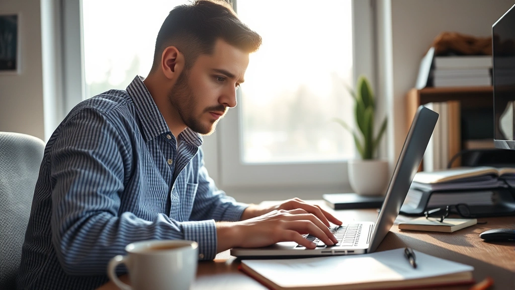 Person at desk focused intently on laptop, hands on keyboard, morning light through window, notebook nearby with sketches, coffee cup, expression of deep concentration
